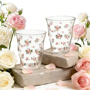 2-Pack Floral Glass  Cups,  Drinking Glasses, Aesthetic Glass Coffee Cups, Cute  Rose Glassware Set, Borosilicate Glass Drinkware,  for Women Girls Sisters Mom and