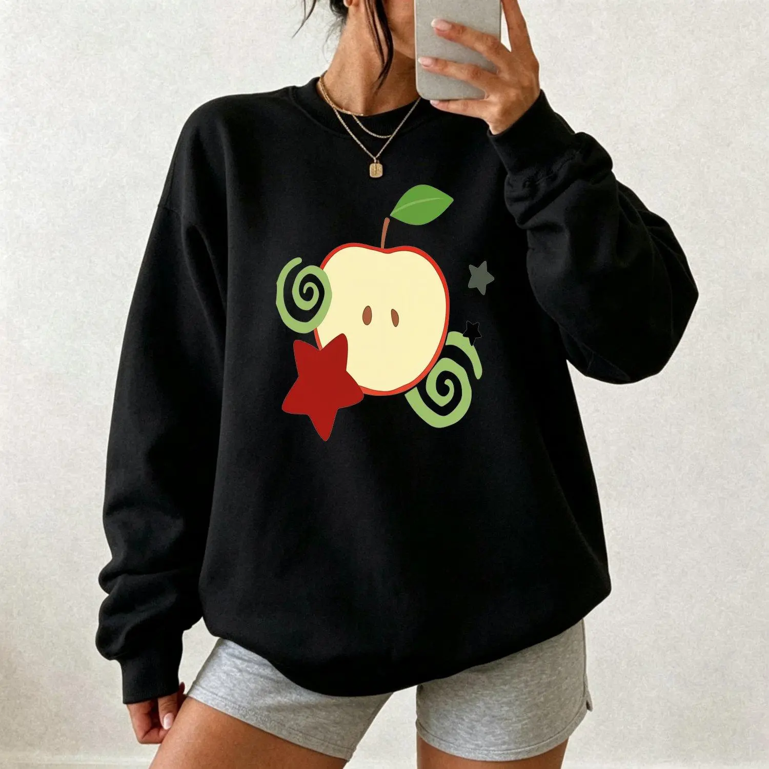 Womens Sports Sweatshirt Fashionable and Elegant Y2K-style Plush-lined Hooded with a Print Featuring Red Apples Green Leaves Red Stars Gray Stars and Green Spiral Patterns Available in Multiple Sizes and Colors This Casual  Top