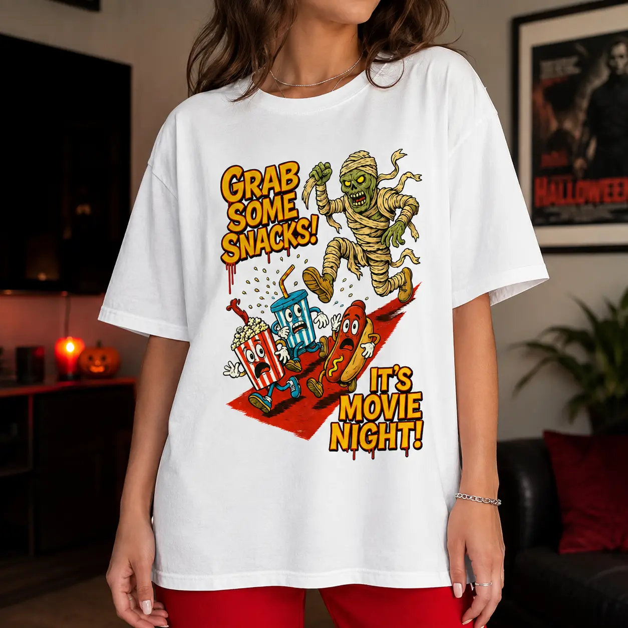 [100% Cotton] Grab Some Snacks Movie Night T-Shirt, Halloween Mummy Graphic Tee, Spooky Snack Shirt, Retro Horror Tshirt, Funny Movie Night Short Sleeve Shirt, Trendy Oversized Tee, Unisex Halloween Shirt for Women Men