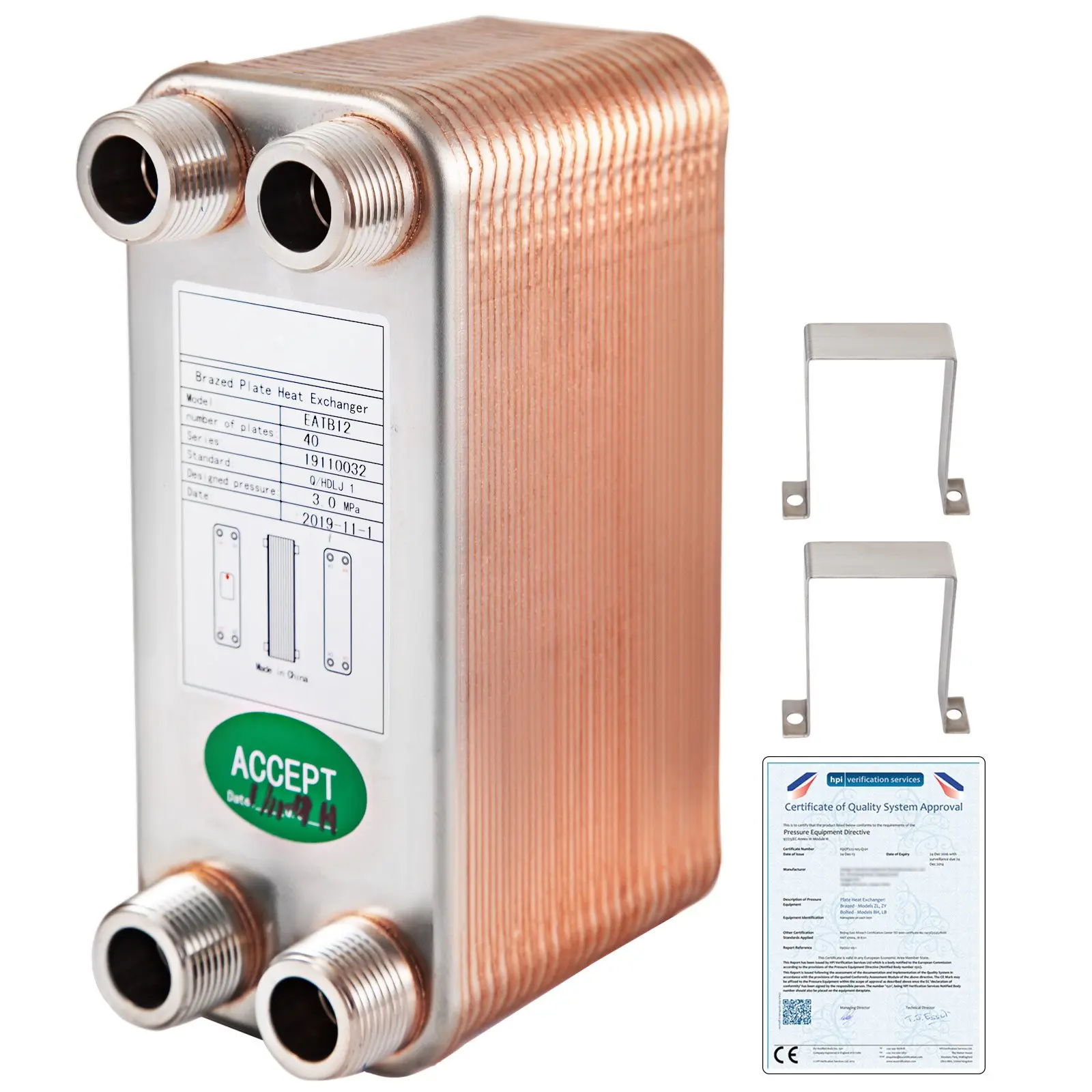 【Summerfinds】VEVOR CE 316L +99.9% Copper 40-Plate Brazed Plate Heat Exchanger, Model B3-12A (3"x7.5", 19.4cm x 7.1cm x 11.8cm/7.6"x2.7"x4.6"), 3/4" MNPT Ports, for Hydronic Heating, Beer Wort Chilling, 40 Plate Heat Exchanger