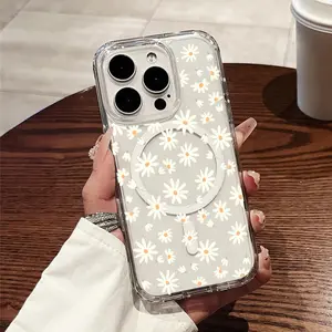 Fresh hand-drawn daisy design, magnetic phone case for iPhone 11/17 Pro Max, compatible with Galaxy S25, S24, S23 Ultra. A shockproof phone case, the perfect gift for birthdays, Valentine's Day, or couples.