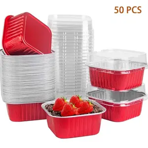 50Pack 5oz Mini Cake Pans with Lids Baking Cups Aluminum Foil Pans Tins, Individual Dessert Cups Containers for Sales,Party,Picnics