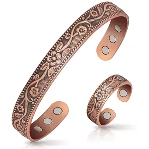 Nandudu Copper Bracelet & Ring for Women with 6 Magnets Vintage Magnetic Arthritis Relief Adjustable Cuff Gift Plum Blossom Texture Polished Finish