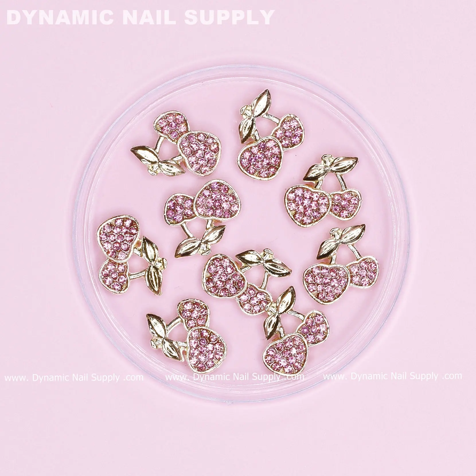 9 pcs Pink Cherry Nail Charms Engraved Rhinestones (Large size)