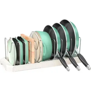 Expandable Under Cabinet Pots and Pans Organizer with 10 Adjustable Dividers for Storing Cookie Sheets, Cutting Boards, Pot Lids, Cookware and Frying Pans