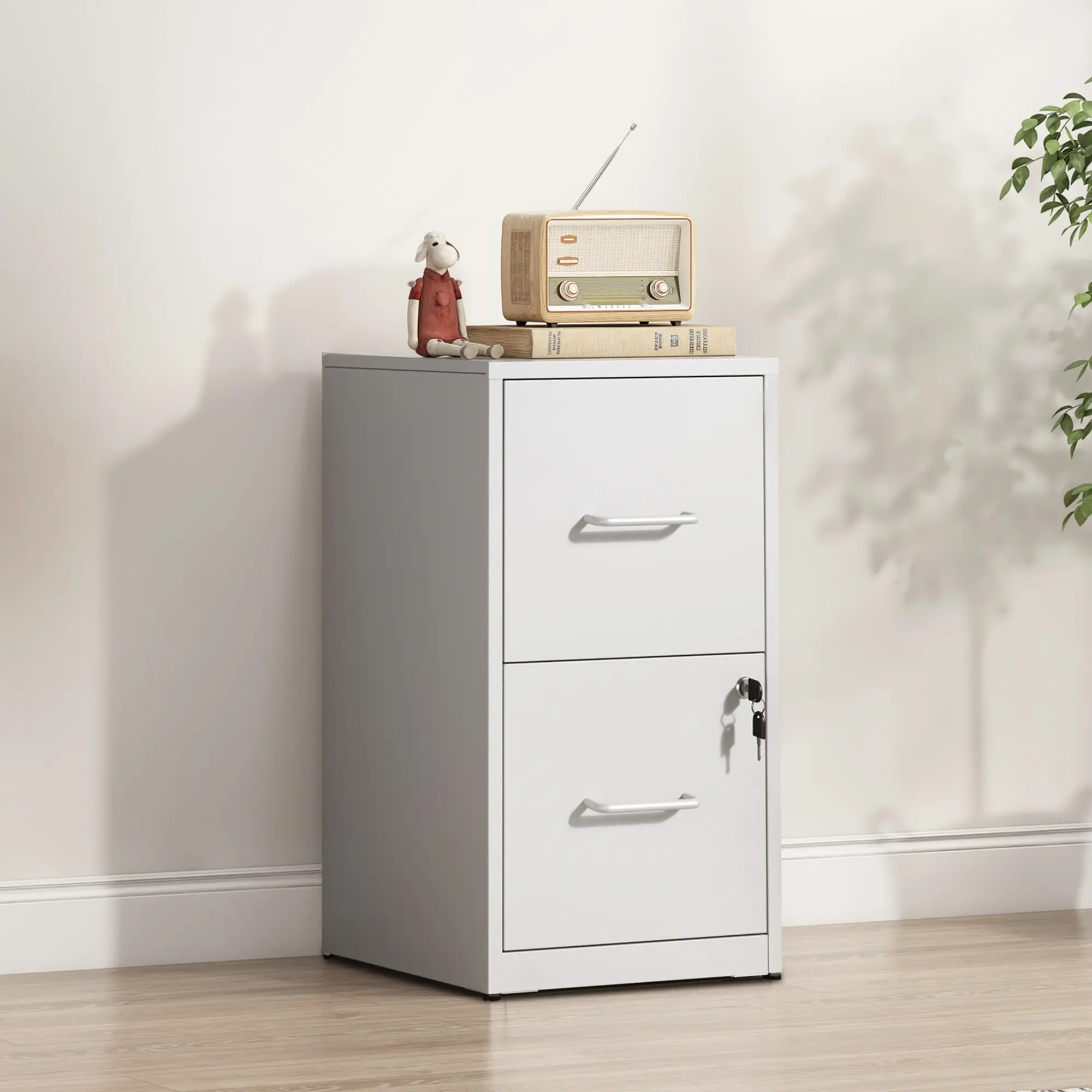 2-Drawer Metal File Cabinet with Lock, Under Desk Office Storage Cabinet for Legal and Letter Size, Anti-Tilt Heavy Duty Steel Filing Cabinet with Low Noise Full Extension Slides, White.