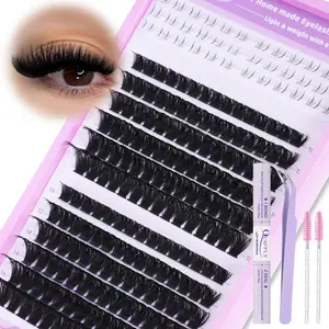 QUAFFLY Volume Eyelash Clusters Kit Diy Volume Eyelashes 120D Lash Clusters with Bottom Lashes Fluffy Cluster Eyelash Extensions 216 Pcs D Curl Lash Clusters Kit With Lash Bond and Seal Tweezers Brushes