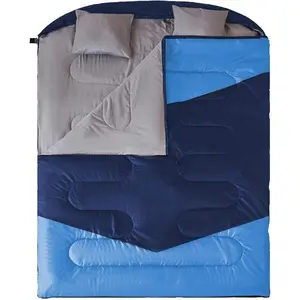 Double Sleeping Bag + 2 Pillows, Queen Size XL Bag For 2 People, Cold Warm Weather- 3 Seasons, Waterproof Adults Sleeping Bag For Camping, Backpacking Or Hiking