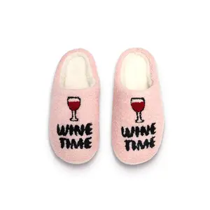 Wine Time Slippers | Fuzzy Non-Slip Slippers - Warm Cozy Soft Lightweight Slipper – Cute Home Slippers – Indoor & Outdoor Use - Unisex Slipper Slide Shoe