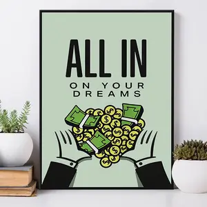 Money & Letter Pattern Painting with Wooden Frame, 1 Count Modern Canvas Wall Art, Unique Artwork, Wall Decor for Home Living Room Bedroom Office