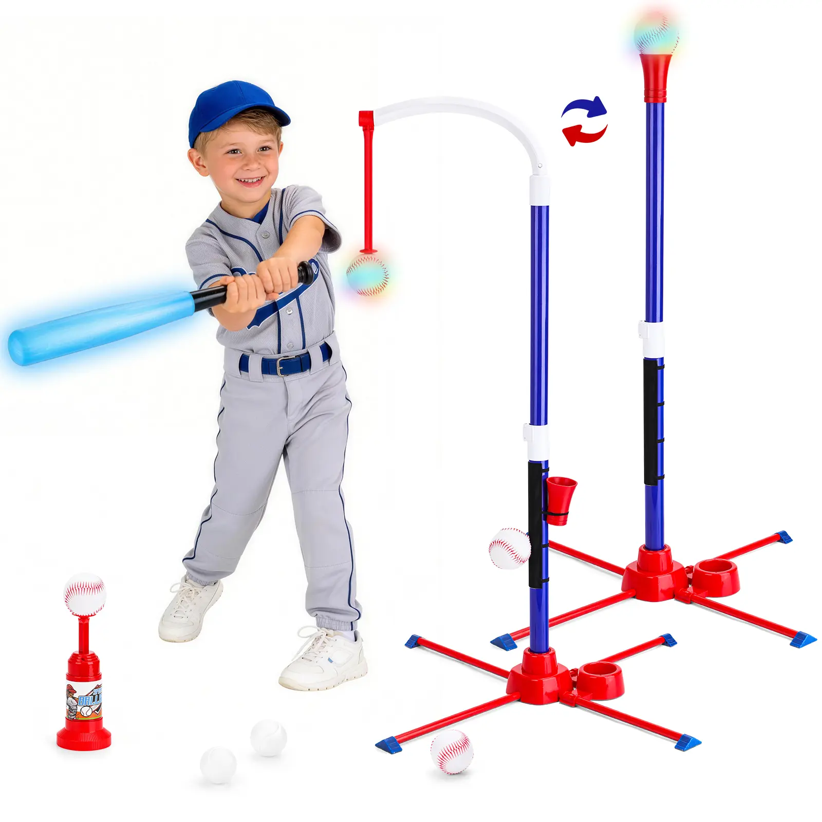 deAO 3-in-1 Baseball Set for Kids 3-5 -LED Baseball Set for Kids  - Tee Ball Stand, Hanging Tee, Ball Launcher and 4 Softballs - Adjustable Height, Indoor/Outdoor Sport Gifts for Boys Girls, Blue&Red