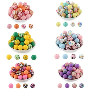 15mm 20pcs Silicone Printed Beads, Round Bead Assortment, Various Patterns, Perfect for DIY Beaded Pens, Necklaces, Bracelets, and Other Handicrafts, DIY Mix Beads