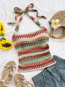 Bohemian Striped Crochet Halter Top for Women, Tie Neck Knit Cami, Sleeveless Backless Summer Tank, Y2K Coquette Streetwear, Casual Beachwear Vacation Top, Boho