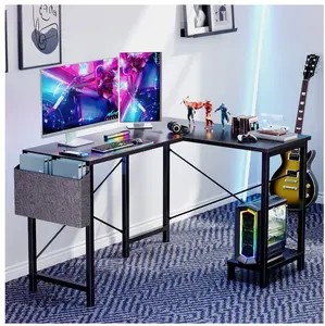 L Shaped Gaming Desk with Wooden Desktop CPU Stand Side Bag Reversible for Home Office Small Space, Black