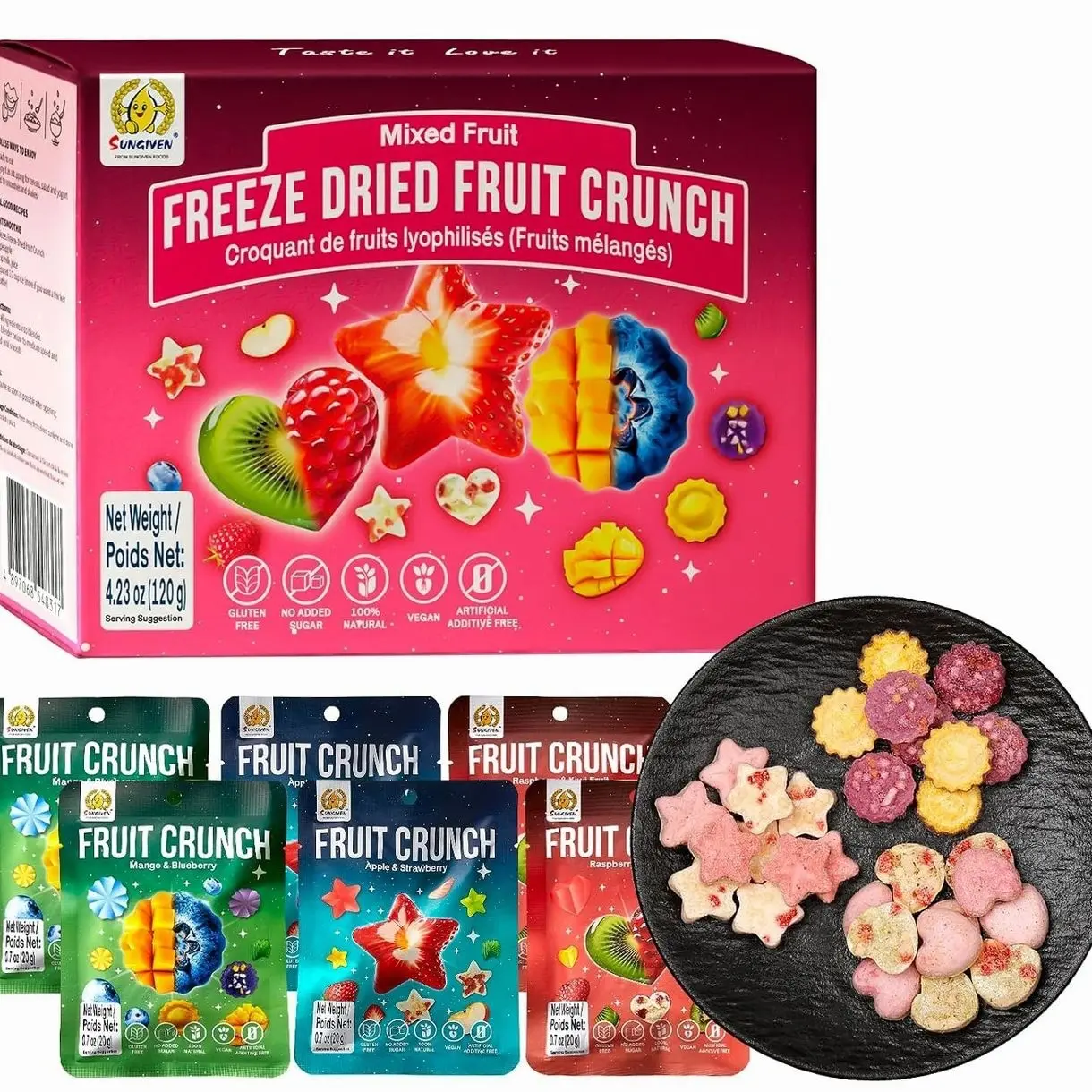 SUNGIVEN Freeze Dried Fruit Crisps Crunch Mixed Fruit 6 Packs Gluten Free Made with Fruit Vegan Healthy Snacks Ready to Eat for Yogurt Dessert