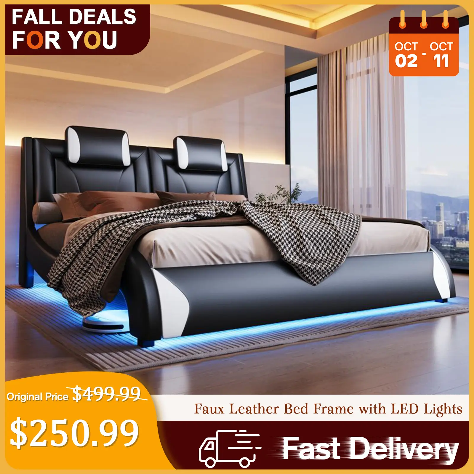 [TikTokShopfalldealsforyou] AMERLIFE Bed Frame with LED Lights, Remote&APP Control, Modern Faux Leather Upholstered Platform Bed with Headboard, Wave