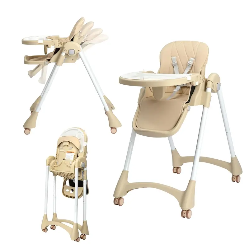 JOYMOR 4-in-1 Convertible Highchair - PU Faux Leather Seat, Height-Adjustable Highchair, Multi-Recline, Compact Folding Feeding Chair with Wipe-Clean Tray, Portable Toddler Chair for Babies and Toddlers (Baby Items)