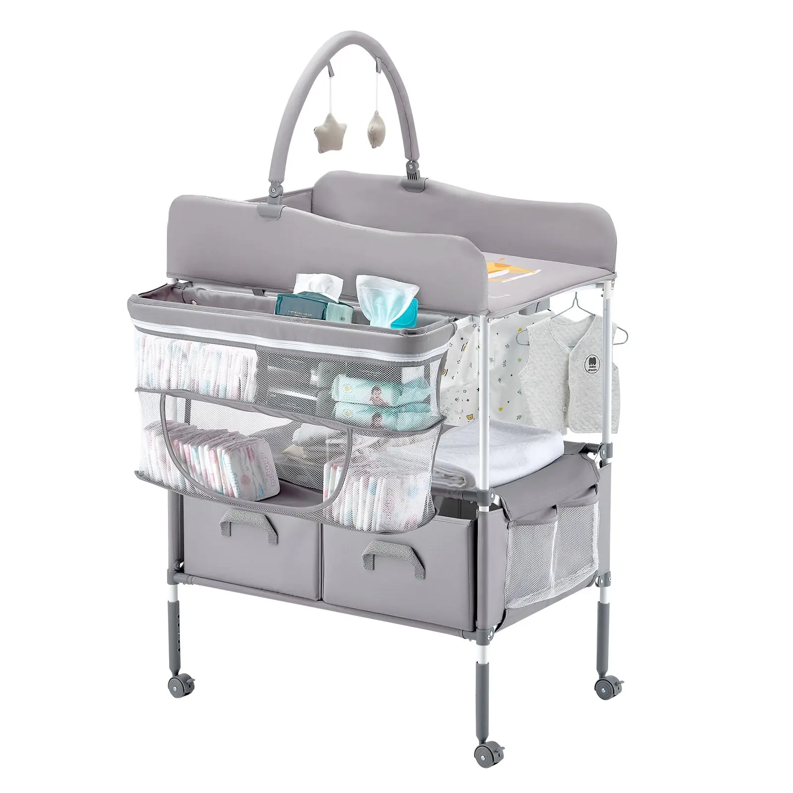 VEVOR Baby Changing Table, Foldable Diaper Change Station with 2 Fabric Drawers, Side Basket & Hanging Rod, Adjustable Height Portable Changing Table with Lockable Wheels & 2 Star Toys, Light GraySummervibes