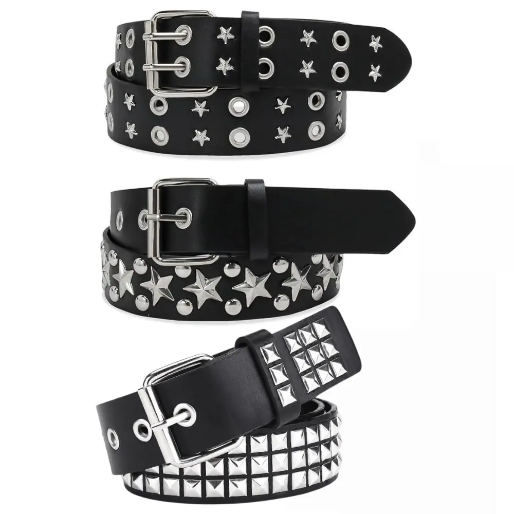3 Pcs Black Studded Belt Y2K Belt Star Gothic Punk Rock Belts with Grommet Threads Bright Metal Pyramid for Women Men