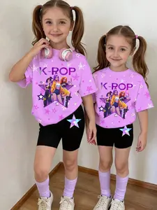Spring Summer Fashion Kpop Anime Girl Star Print Set, Girls Short Sleeve T-Shirt and Shorts 2 Piece Set, Soft Comfortable Fabric
