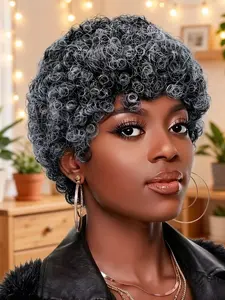 8 Inch Salt & Pepper Short Pixie Cut Kinky Curly Wig, Human Hair Full Machine Made Wigs for Women, Natural, Stylish Daily Wear