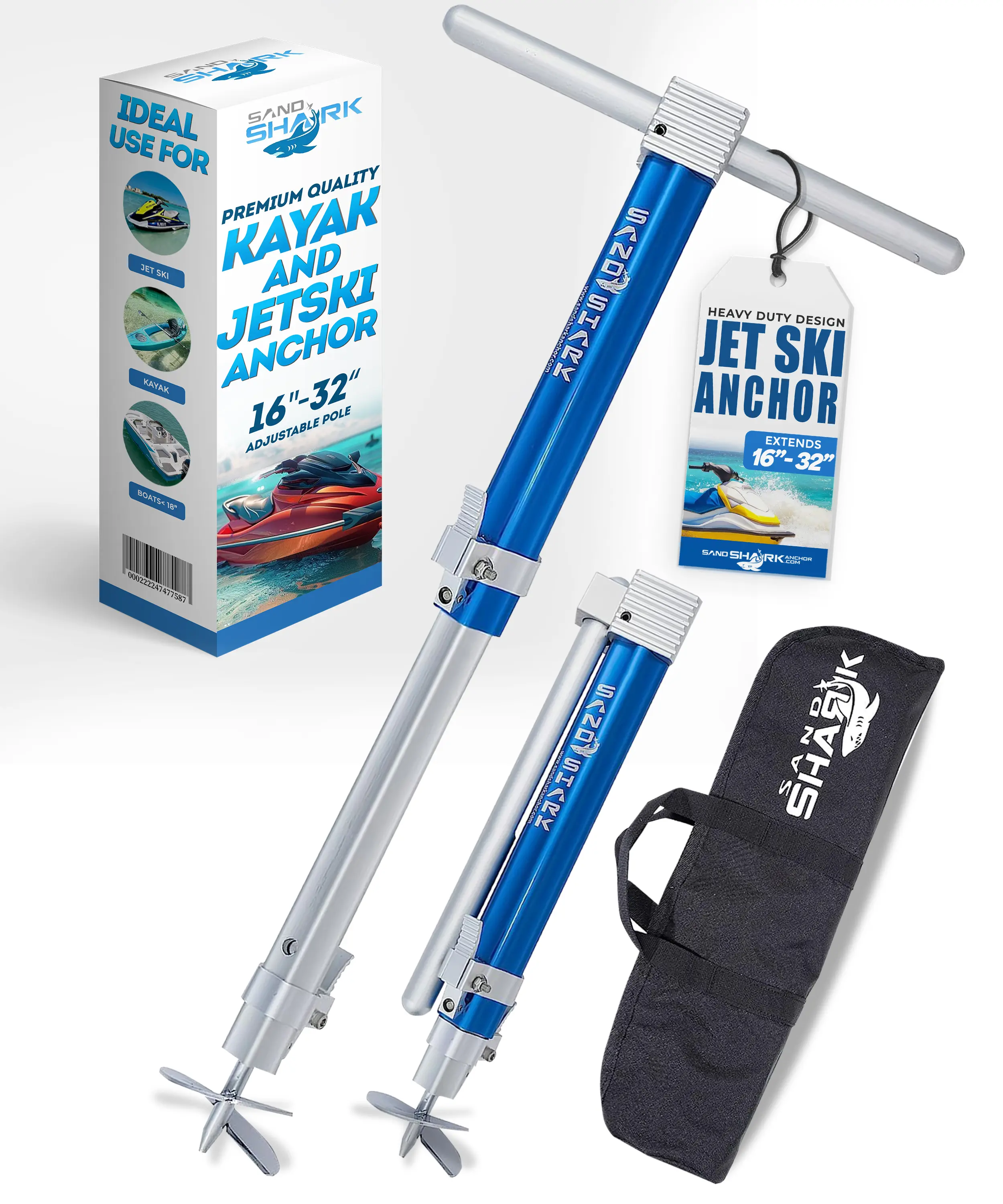 SandShark Ultimate PWC Jet Ski Anchor. Shallow Water Anchor, Kayak Anchor for Beach & Sandbar. Compact, Adjustable 16” to 32” w/ Padded Case.