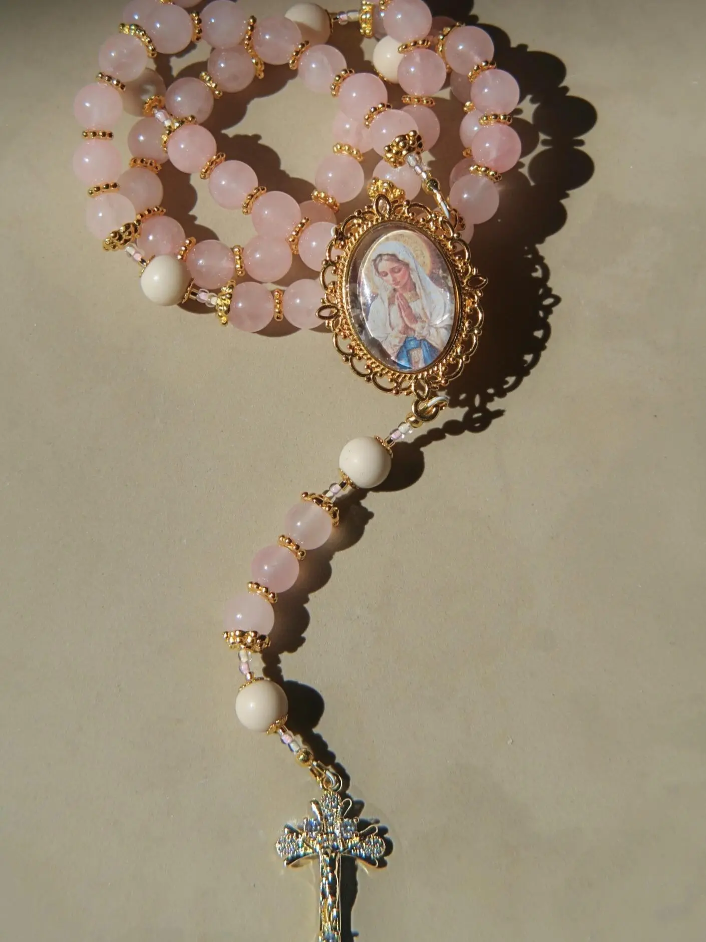Pink Rose Quartz Catholic Rosary – Handmade Marian Prayer Beads | Devotional Rosary with Virgin Mary Centerpiece | Catholic Gift