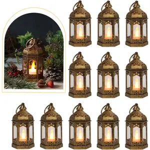 8Pcs Mini Lantern with LED Tealight, Vintage Brown Decorative Hanging Candle Lanterns for Halloween Christmas Wedding Table Centerpiece Indian Decor, Garden Fairy Party Decorations