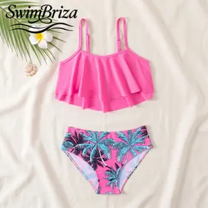 Briza｜Girls Ruffle Two Piece Swimsuit Pink Palm Print High Waisted Bikini Set Adjustable Straps Bathing Suit Beach Swimwear Summer Pool Vacation Kids Swimsuits 2 Piece, Girls Swimwear, Kids Bathing Suit, Two Piece Bathing Suit, Ruffle Style