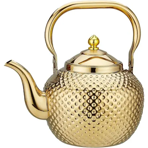 SANQIAHOME Modern Machine-Made Loose Leaf Tea Pot - 1200ml-2000ml, Heat-Resistant, Removable Infuser, Induction/Gas Compatible, Lifting Handle, Gold/Silver Finish, Stove-Safe Glass & Stainless Steel Kitchenware