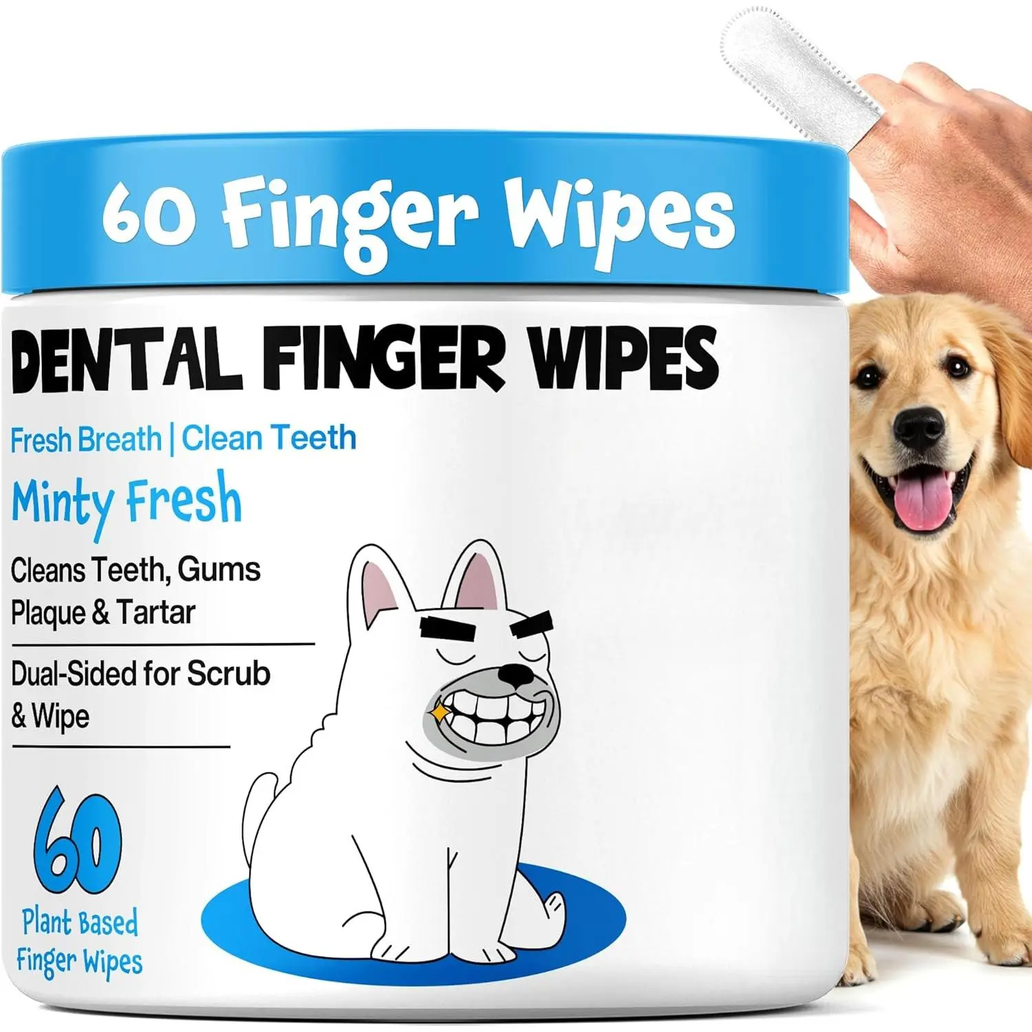 Dog Teeth Cleaning Wipes 60 Packs - Dental Wipes to Reduce Plaque & Tartar for Dogs & Cats - Mint Pet Dental Wipes for Oral Freshness - Dog Tooth Brushing Kit Dental Wipes