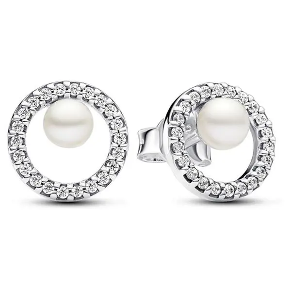 Pandora Classic Pearls Stud Earrings - Treated Round Freshwater Cultured Pearl, Pave Halo Design, for Adults, All Seasons, Style 293154C01