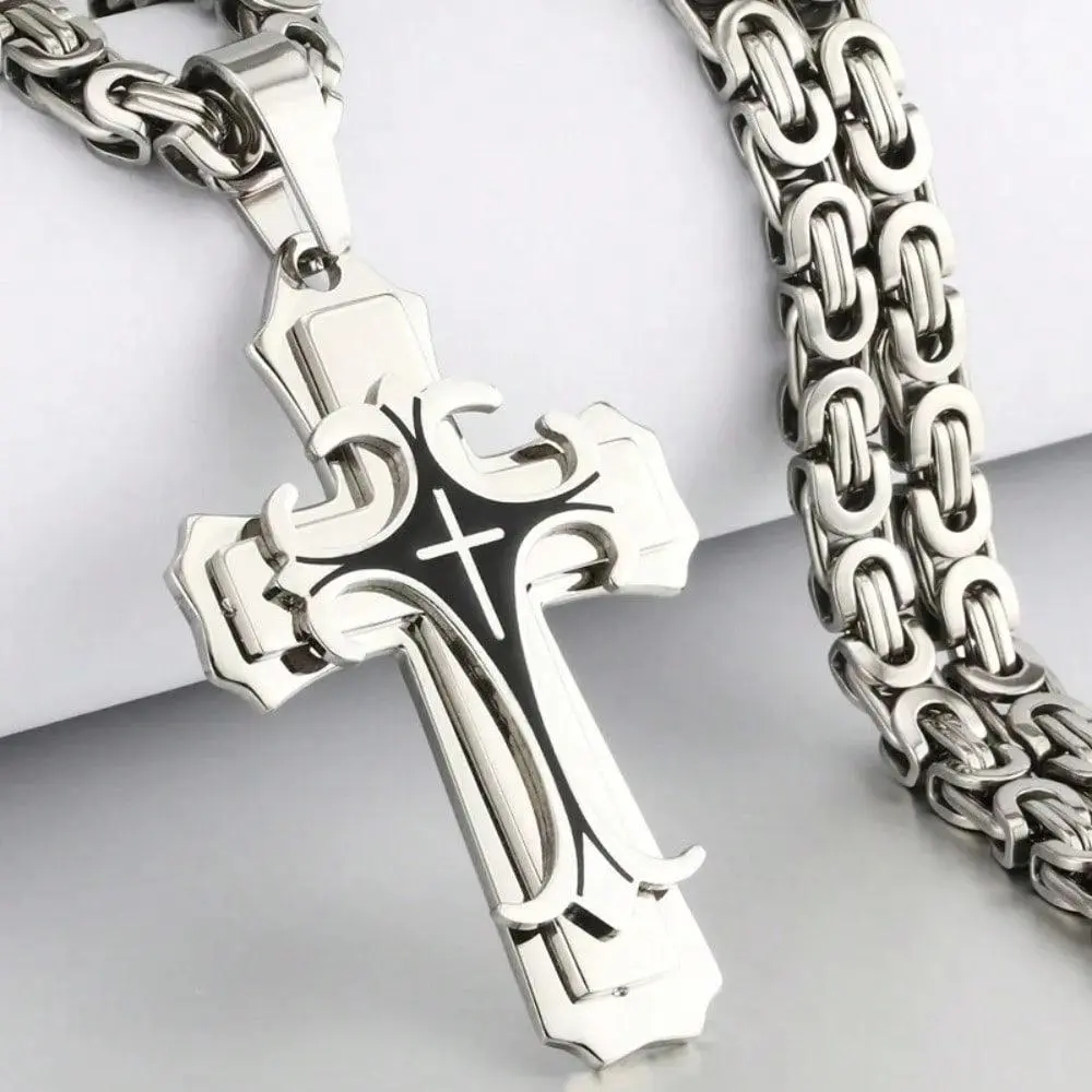 Trinity Cross Necklace for Men Three Layer Gold Color Stainless Steel Pendant Religious Jewelry Gift