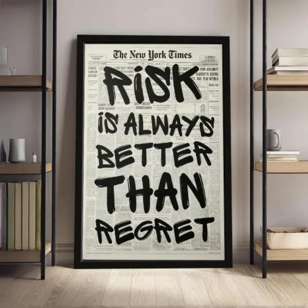 Risk Is Always Better Than Regret Framed Canvas  Art, Motivational Uplifting Quote Ready-to-Hang Canvas Print for Bedroom, Dorm Room, Gym, Living Room, Office, or Apartment Decor, Modern Bold Typography  Decoration, Gift for Entrepreneurs.