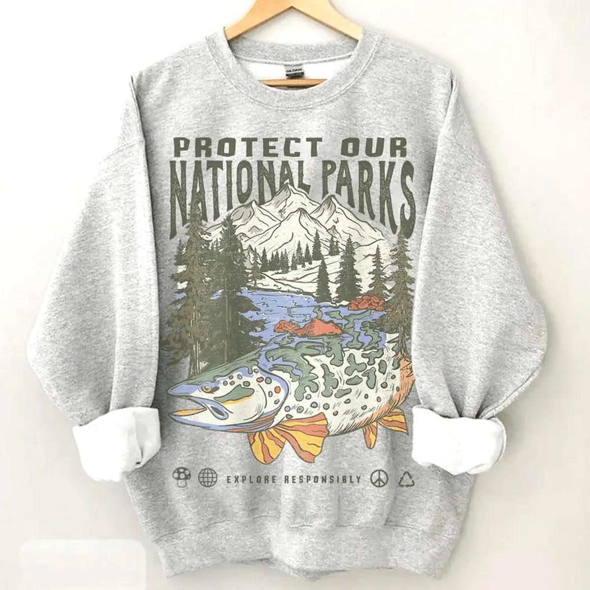 Women's Sweatshirt, Vintage 90s National Parks Graphic Pullover for the Granola Girl, Soft Cotton Blend for Beach & Party, Tops, Fashion, Print, Breathable Fabric, Outdoors, Wildlife Theme, Clothes, Hoodie, Light, Fits, Style, Everyday, Garment