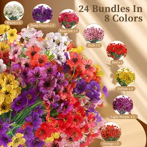 Artificial Flower 24pcs, Fake Flower, Decorative Bouquet for Home Garden Party Wedding Decor, Garden Porch Window Box Home Wedding Farmhouse(8 Color)