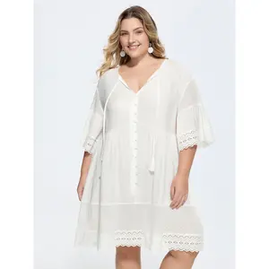 BloomChic Plus Size Boho Cotton Blend Midi Dress with Tassel Tie-Neck, Ruffled Sleeves, Button Front, and Patchwork Lace Hem Fit Casual, Women, Style
