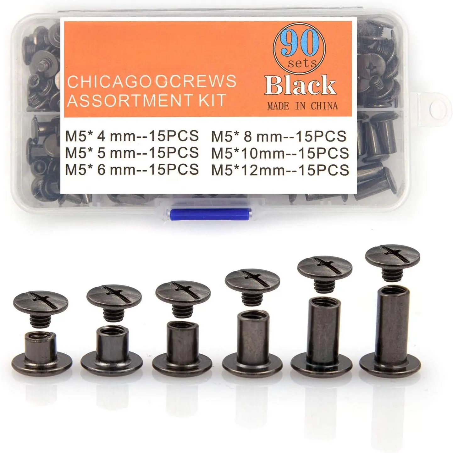 Chicago Screws Assorted Kit 6 Sizes Gun Metal Leather Rivets 3/16(5mm) Screw Rivets Phillip Head Book Binding Posts Nail Rivet Chicago Bolts for DIY Leather Craft (5 x 4,5,6,8,10,12)