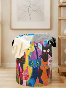 Cat Print Laundry Basket with Handle, Durable Foldable Clothes Storage Bin, Large Capacity Toy Organizer for Home Use, Collapsible Laundry Hamper
