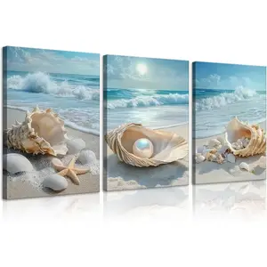 3Pcs Coastal Seashell Conch Canvas Wall Art Summer Beach Waves Pictures Wall Decor Blue Beach Ocean Posters Prints Paintings for Bathroom Bedroom Living Room Sea View Room Decoration Prepare to hang Ornaments Artistic