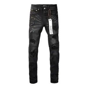 Men's Purple American High Street Jeans with Paint Hole Design 2024 New Fashion Trend High Quality Casual Denim Pants Black Accents Comfortable Fit Suitable for Daily Wear Street Style Outings and Casual Looks Mens Streetwear Bottoms