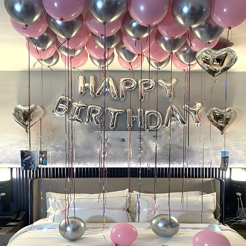 Pink 56pcs Princess Birthday Balloon Set, 16" "Happy Birthday" Banner, 18" Silvery Aluminum Love Heart Includes Metallic Balloons + Pink Latex Balloons, Suitable for Birthday Party Room Decoration, Balloon Party Supplies, Party Balloons Decorations