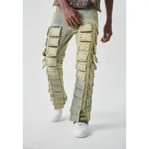Taker Men’s Rhinestone Blue Tint Cargo Stacked Jeans