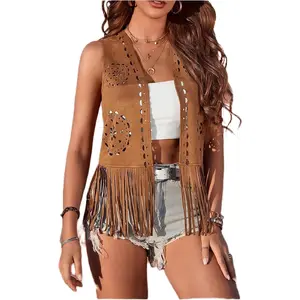 Women Boho Western Tassel Vest Open Front Faux Suede Fringe Cardigan Sleeveless Jacket Vintage Hippie Outwear