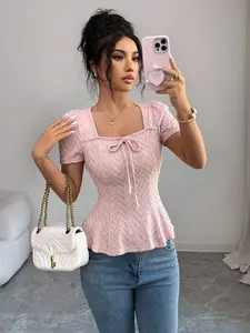 Women's Solid Color Knot Design Square Neck Short-Sleeve Knitted Slim-Fitting Blouse - Regular Sleeve Casual Tops for Daily Wear