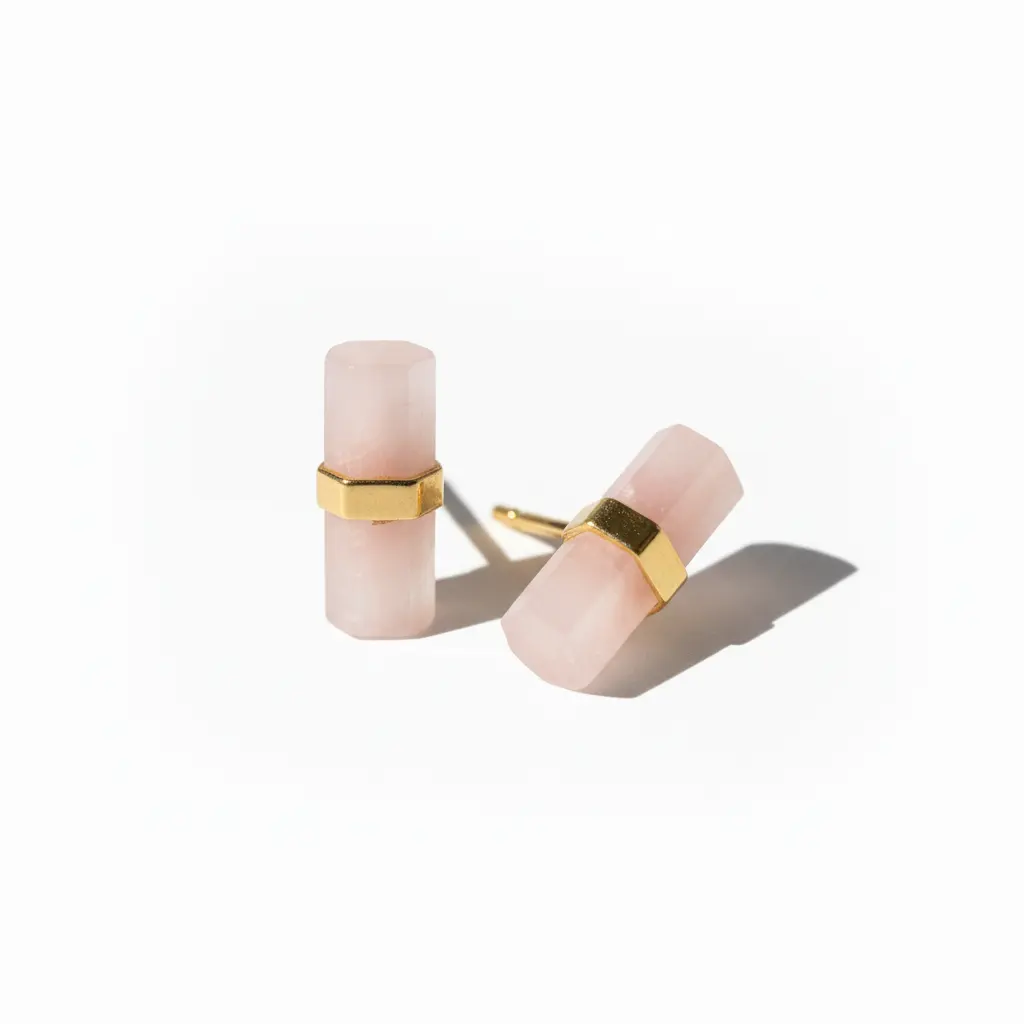 Rose Quartz Pencil Bar Stud Earrings 14K Gold Plated 925 Sterling Silver 4x13mm