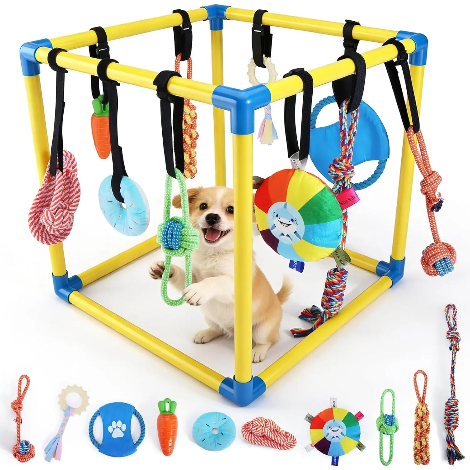 Puppy Play Gym for Small Dogs with 10 Hanging Toys, Removable Dog Enrichment Playground, Interactive Dog Toys Jungle Gym 19.5" Frame Indoor Training Center, Adjustable PVC Frame, Squeaky Toys