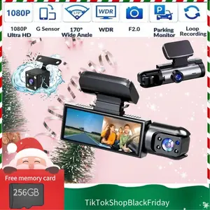 Car Dash Cam, 1080P Car DVR with Memory Card，3.16 Inch, Plug and Play（No battery），Car Video Surveillance with Night Vision， Car DVR Hd Screen Front Rear Left And Right dashcam，Holiday Gift