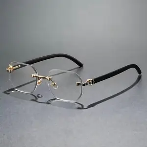 Rimless Square Sunglasses Gold Metal Frame Black Temples Lightweight Unisex