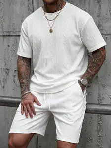 2026 8877 Men's Summer Casual Shorts Set, Solid Pattern, Textured, Loose-Fitting, Urban Style, Comfortable and Fashionable, Ideal for Daily Wear and Outdoor Activities